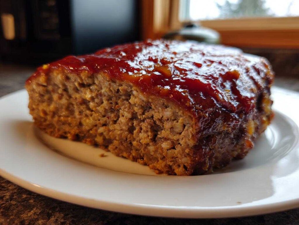 A thick slice of stove top stuffing meatloaf topped with a shiny red glaze, served on a white plate.