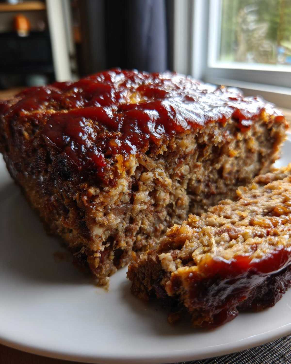 A close-up of a sliced stove top stuffing meatloaf topped with a shiny, dark red glaze.