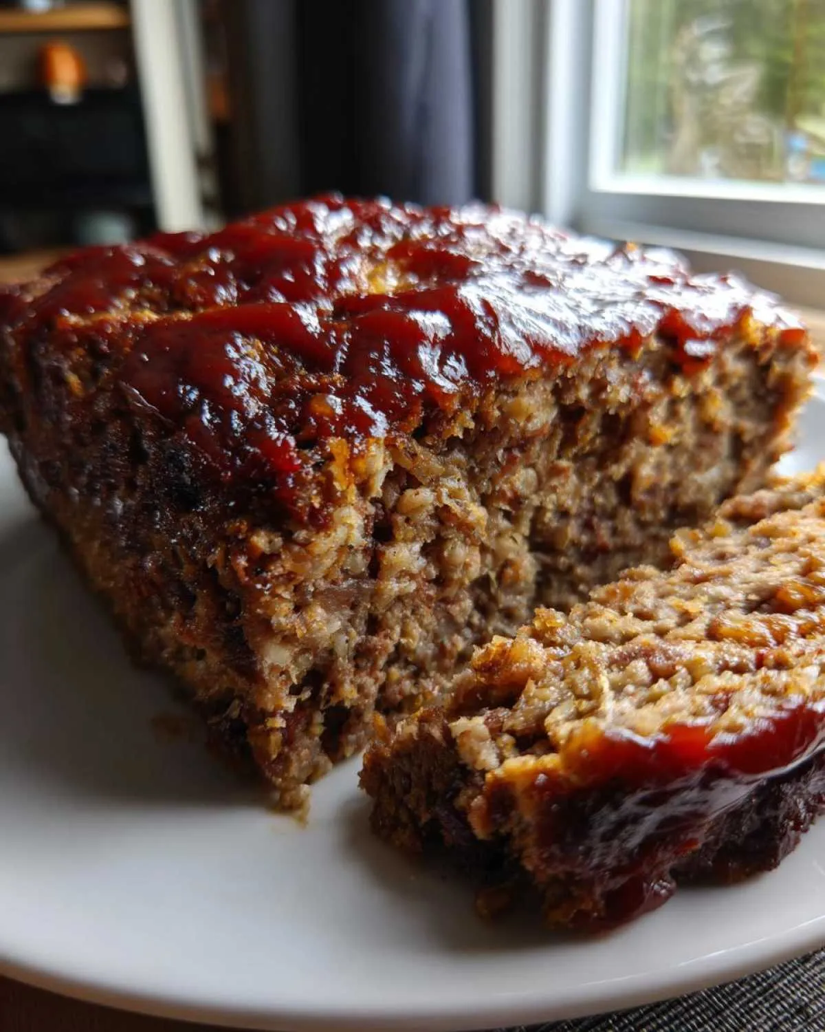 A close-up of a sliced stove top stuffing meatloaf topped with a shiny, dark red glaze.