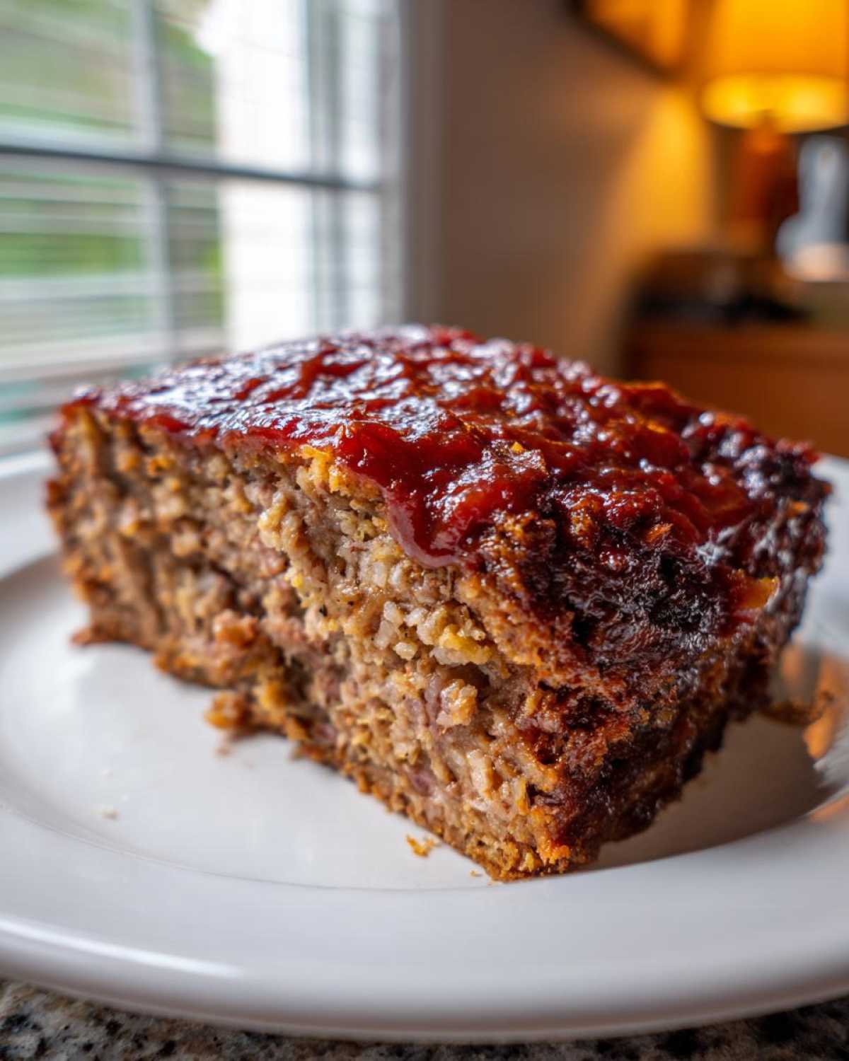 Close-up of a thick slice of stove top stuffing meatloaf topped with a sweet, dark red glaze.