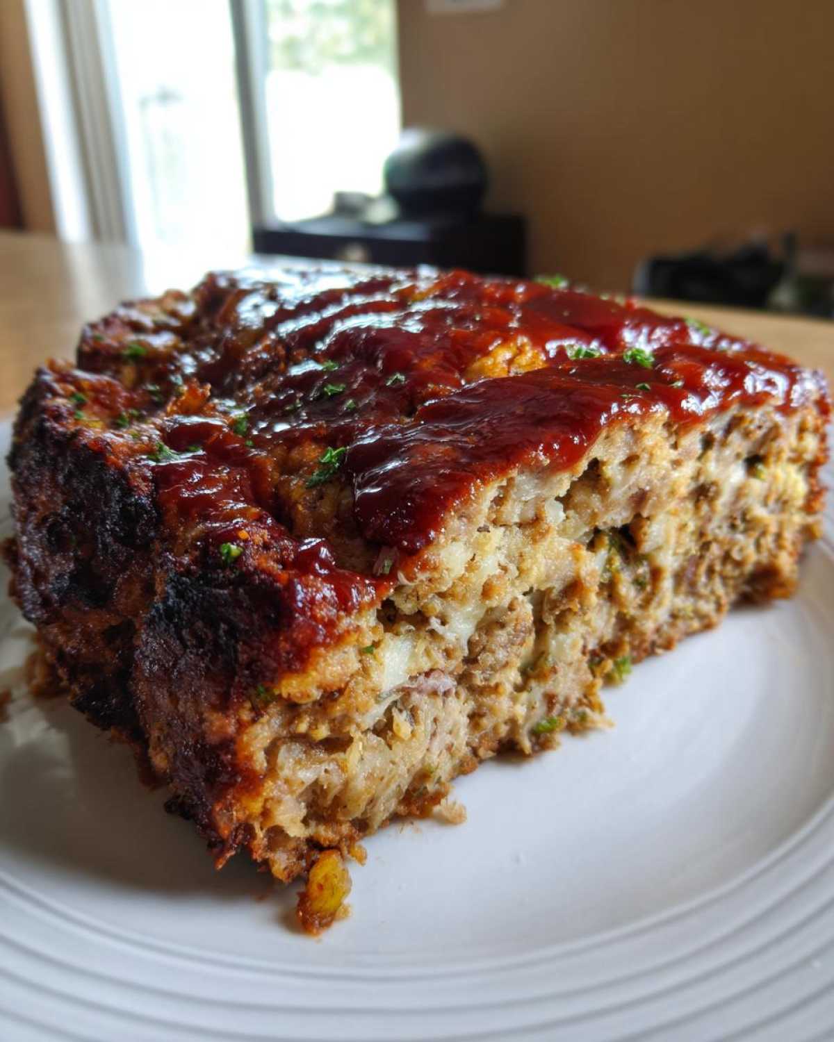 A thick slice of stove top stuffing meatloaf topped with a rich, dark glaze, served on a white plate.