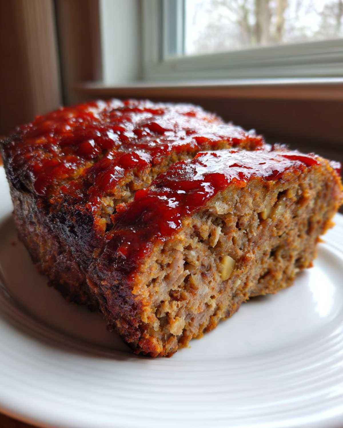 A thick slice of stove top stuffing meatloaf topped with a shiny red glaze, served on a white plate.