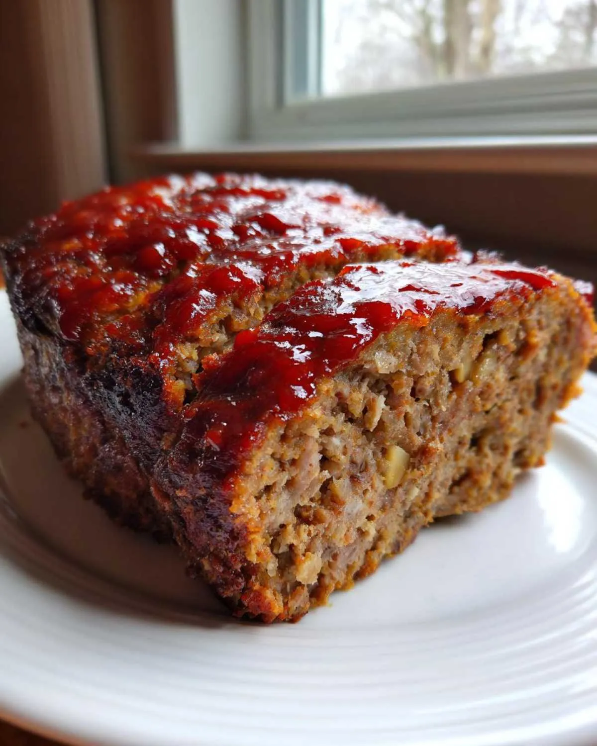A thick slice of stove top stuffing meatloaf topped with a shiny red glaze, served on a white plate.