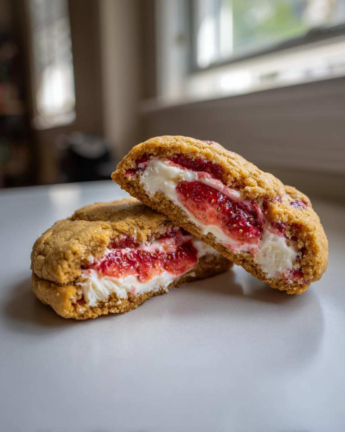 Close-up of strawberry cheesecake cookies cut in half showing creamy filling and strawberry jam.