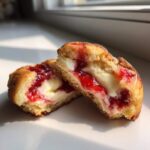 Close-up of strawberry cheesecake cookies cut in half showing creamy filling and strawberry jam.
