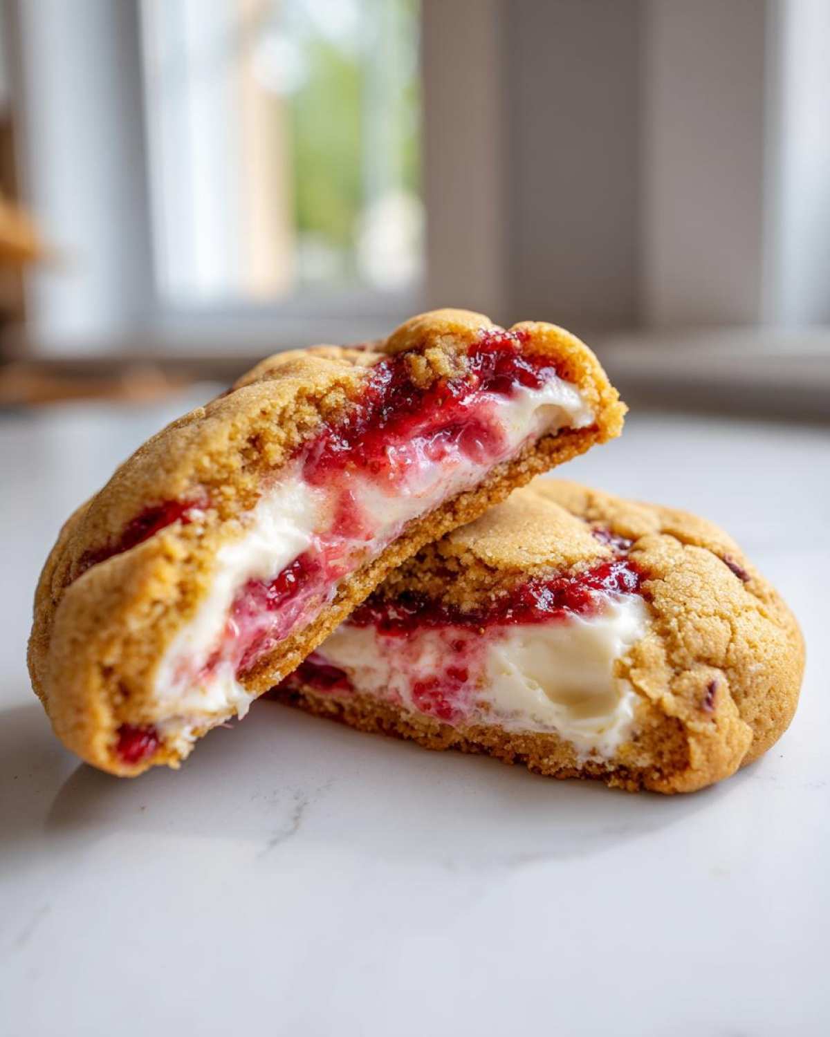 Close-up of amazing strawberry cheesecake cookies cut in half showing creamy filling and strawberry jam.