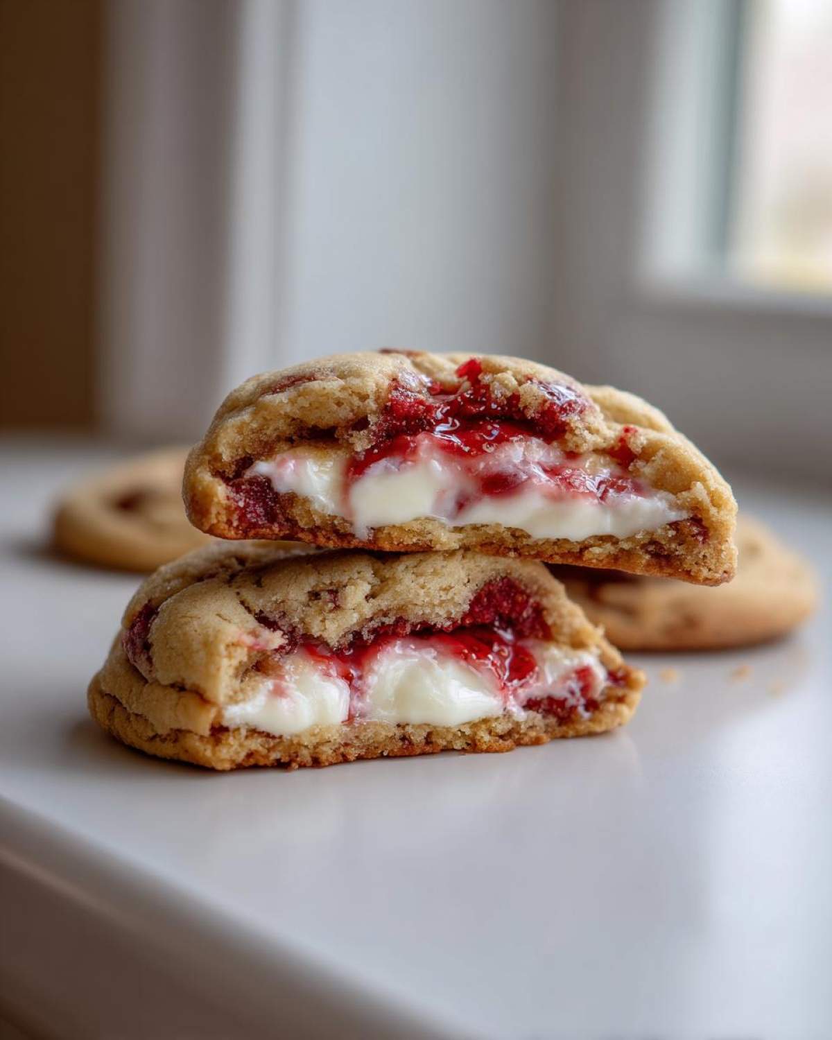 Two halves of a strawberry cheesecake cookies stacked, showing gooey cream cheese filling and strawberry jam center.