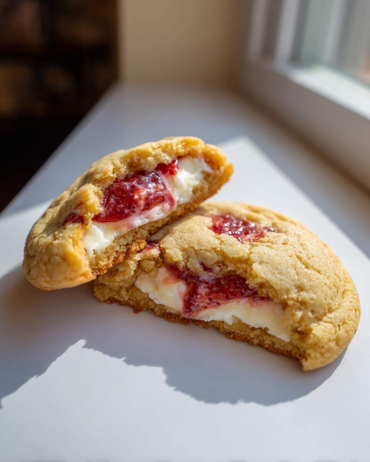 A strawberry cheesecake cookie cut in half showing the creamy white cheesecake filling and bright red strawberry swirl.