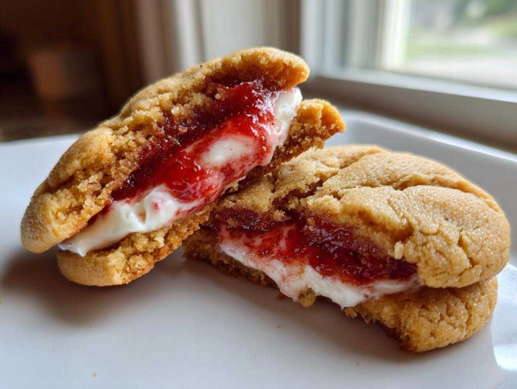 A strawberry cheesecake cookie cut in half showing the creamy filling and strawberry jam.