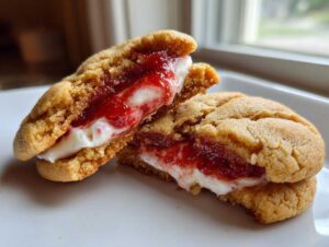 A strawberry cheesecake cookie cut in half showing the creamy filling and strawberry jam.