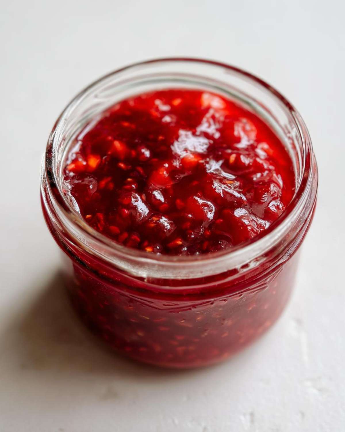 Close-up overhead view of a small glass jar filled with vibrant, chunky strawberry freezer jam.