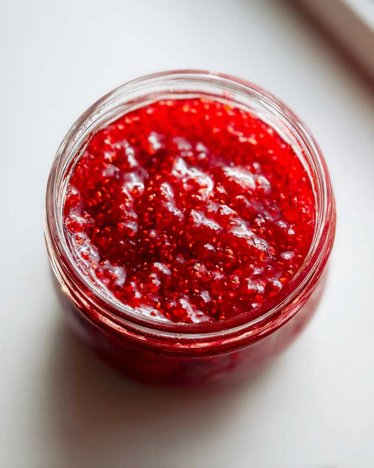Overhead view of bright red, textured strawberry freezer jam filling a clear glass jar.