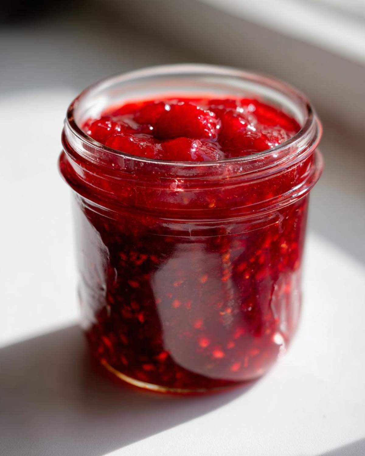 Close-up of a glass jar filled with bright red strawberry freezer jam, showing visible fruit pieces.