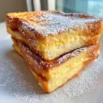 Close-up of two stacked slices of stuffed easy french toast, golden brown and topped with powdered sugar.