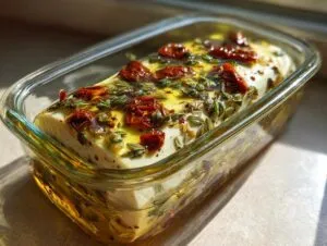 A block of marinated cheese submerged in olive oil with sun-dried tomatoes and fresh herbs, ready to serve.