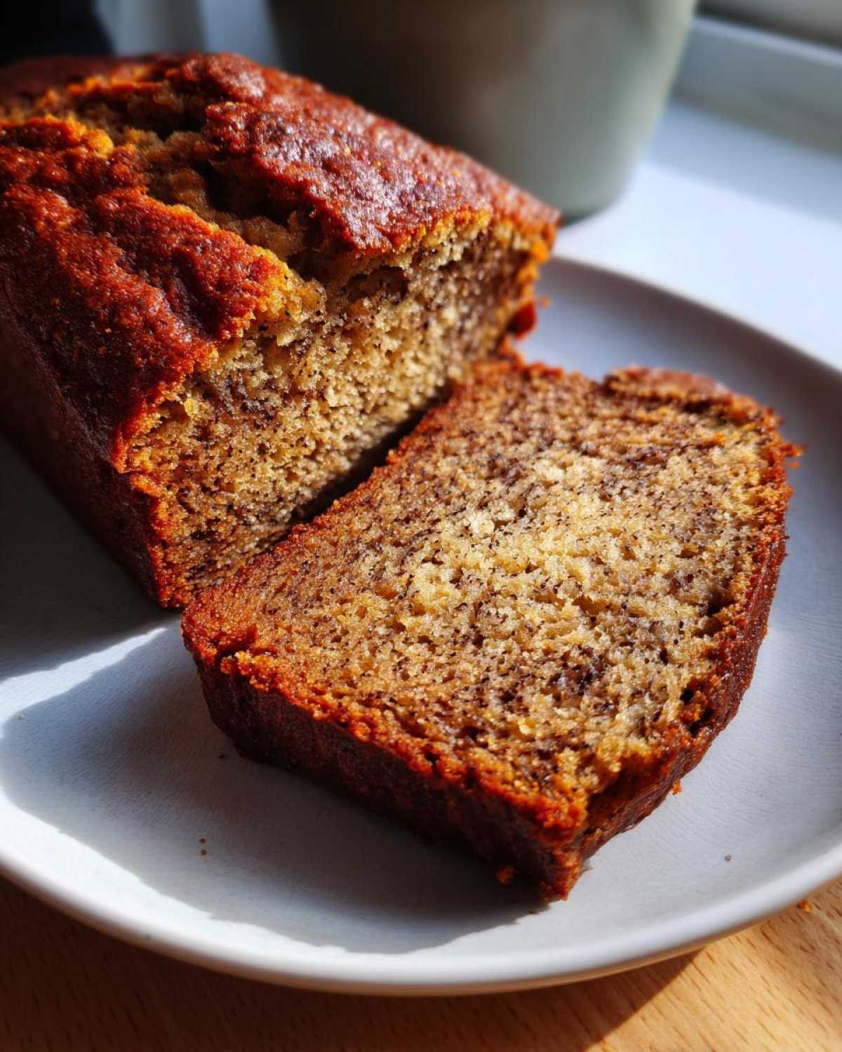 Close-up of a slice of moist sugar free banana bread showing its rich brown color and texture.