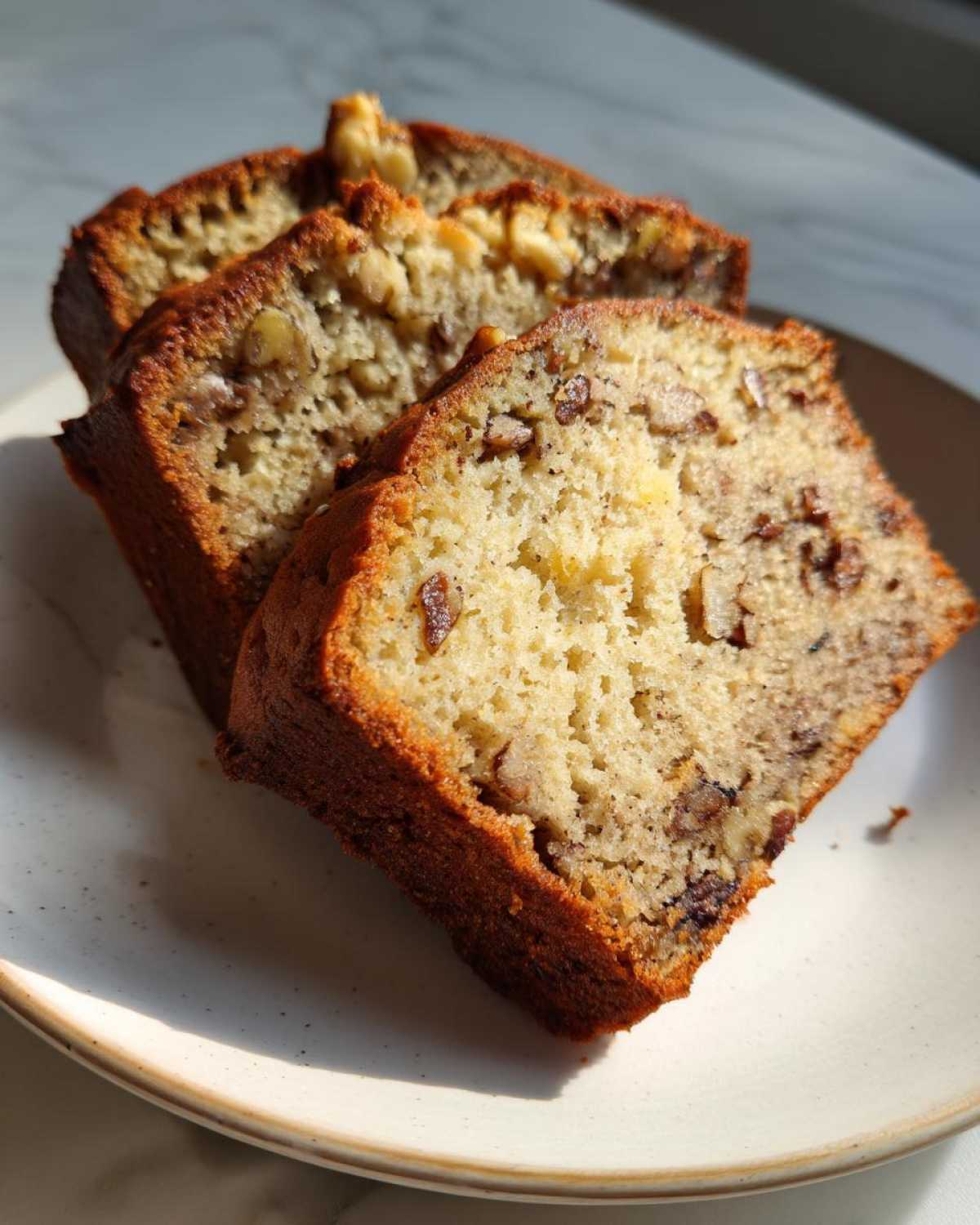 Three slices of moist sugar free banana bread filled with visible walnuts, resting on a light plate.