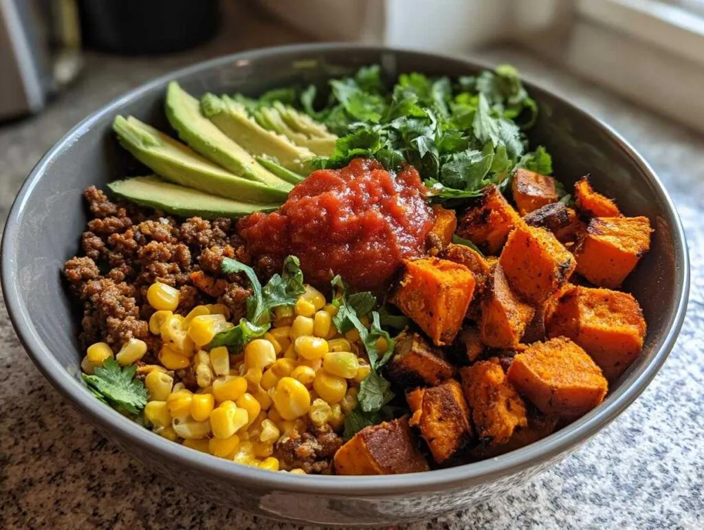 A vibrant sweet potato taco bowl featuring seasoned ground meat, roasted sweet potatoes, corn, avocado slices, salsa, and cilantro.
