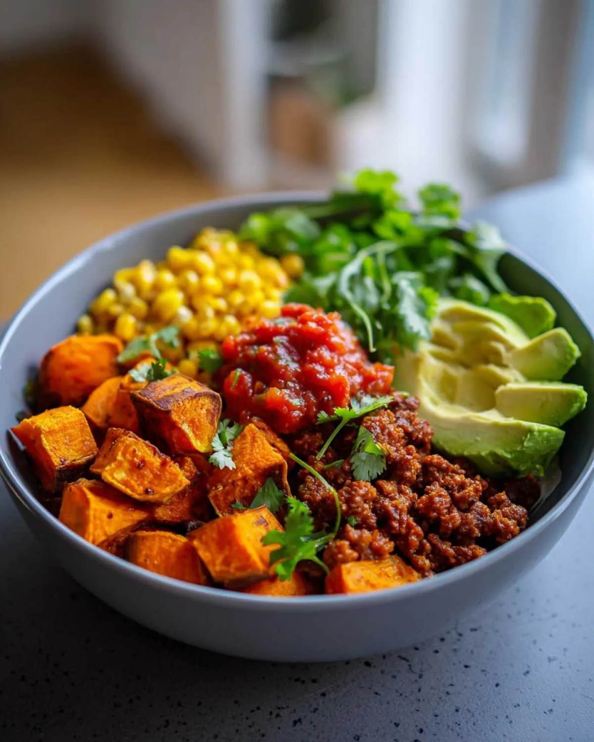 A close-up view of a colorful sweet potato taco bowl featuring roasted sweet potatoes, seasoned meat, corn, salsa, avocado, and cilantro.