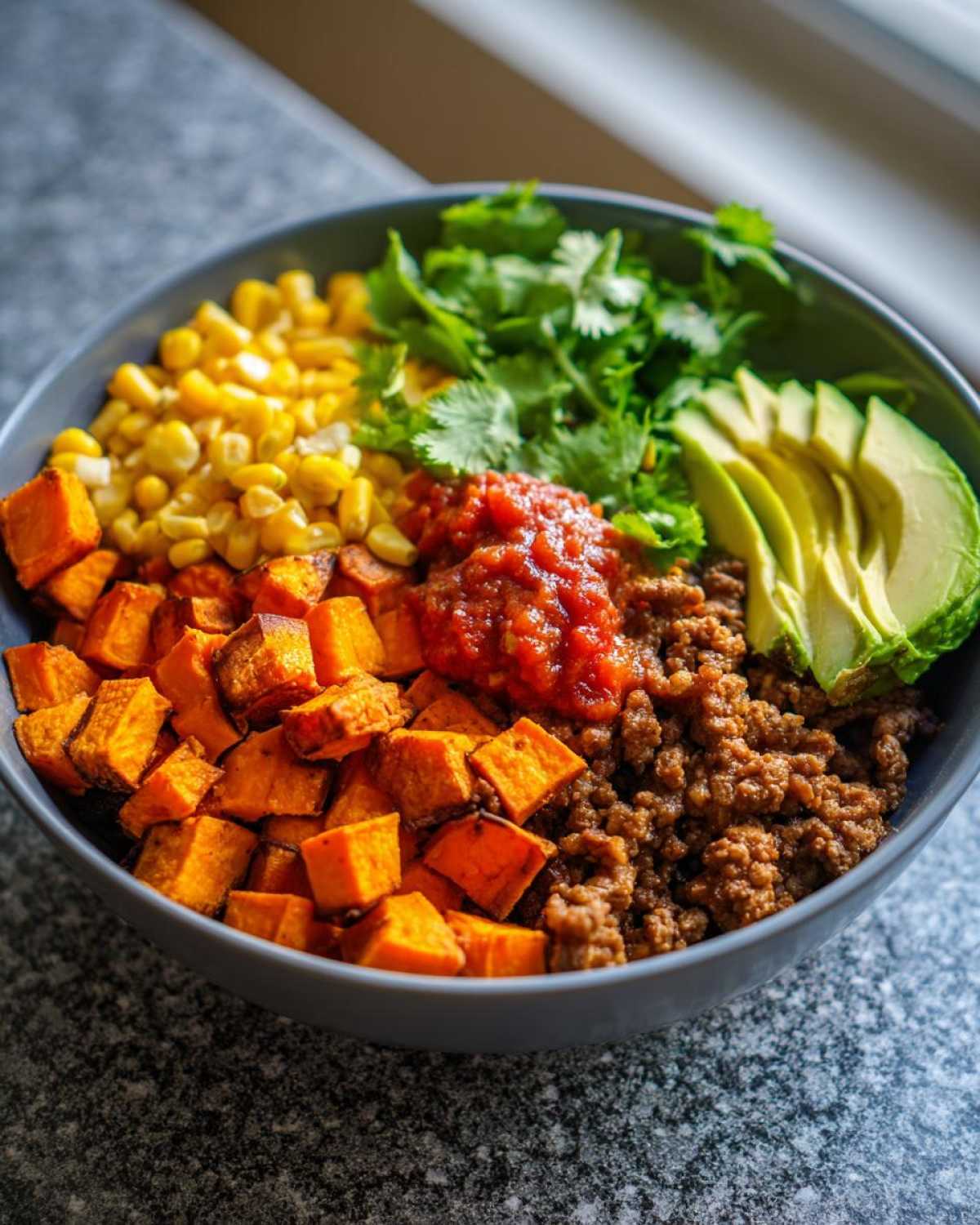 Close-up of a vibrant sweet potato taco bowl featuring seasoned ground meat, roasted sweet potatoes, corn, salsa, avocado, and cilantro.
