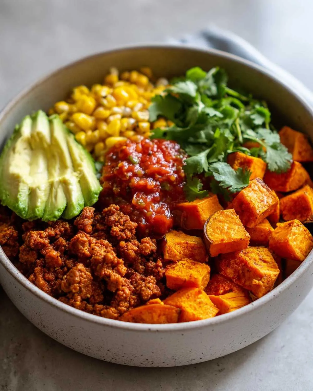 Close-up of a colorful sweet potato taco bowl featuring seasoned ground meat, roasted sweet potatoes, corn, avocado, salsa, and cilantro.