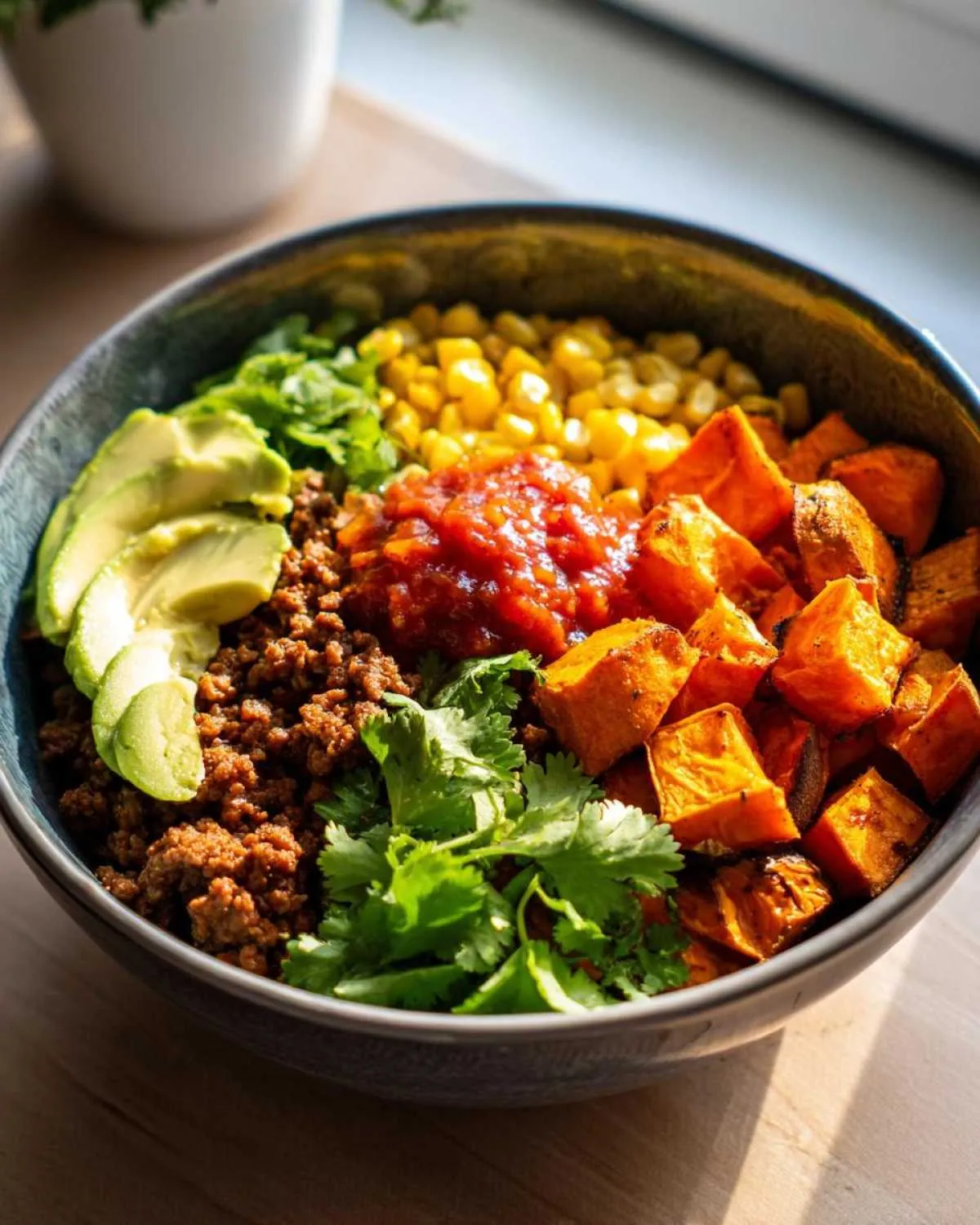 A vibrant sweet potato taco bowl featuring seasoned ground meat, roasted sweet potatoes, corn, avocado, salsa, and cilantro.