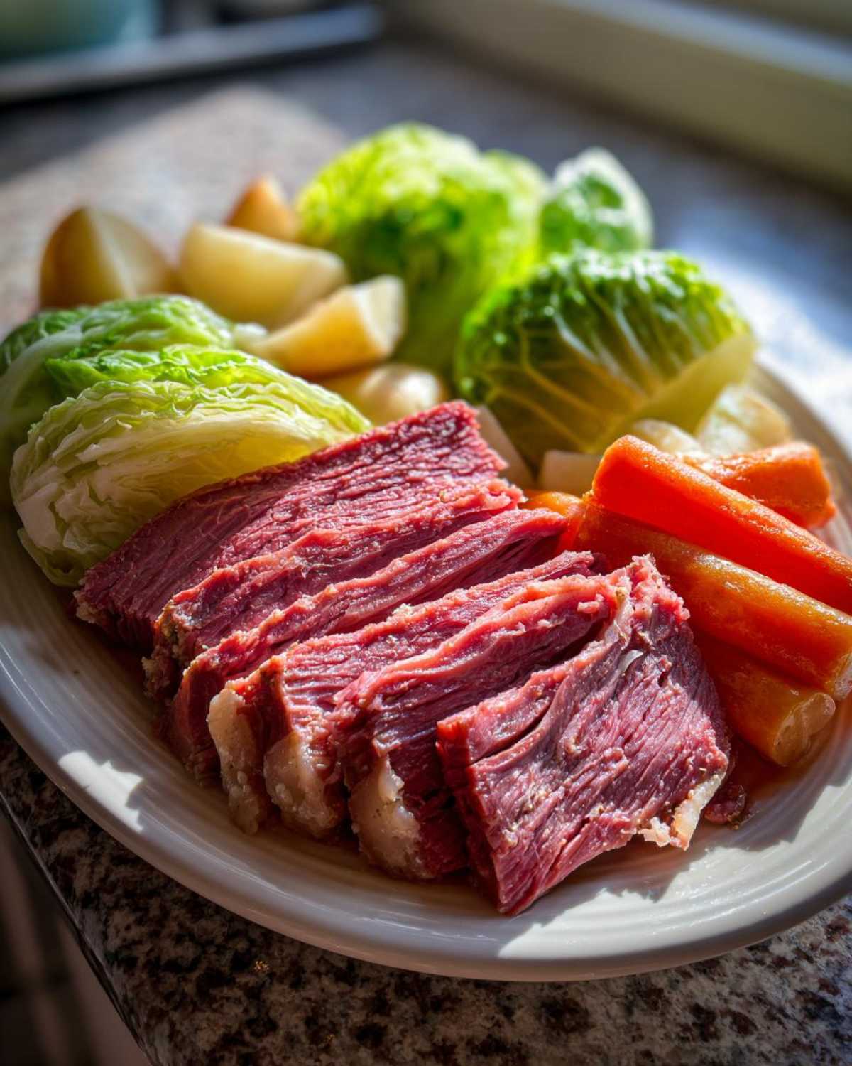 A platter of tender sliced corned beef and cabbage, carrots, and potatoes ready to serve.