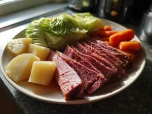 A plate featuring sliced corned beef and cabbage, boiled potatoes, and carrots, showcasing a perfect corned beef and cabbage meal.