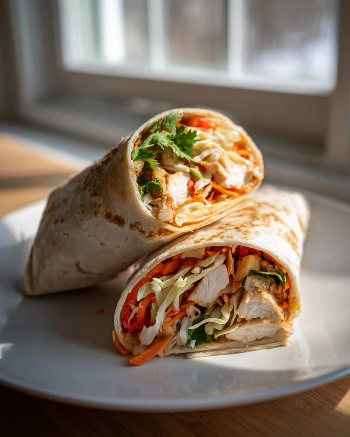 Close-up of a thai peanut chicken wrap cut in half, showing chicken, cabbage slaw, and cilantro.