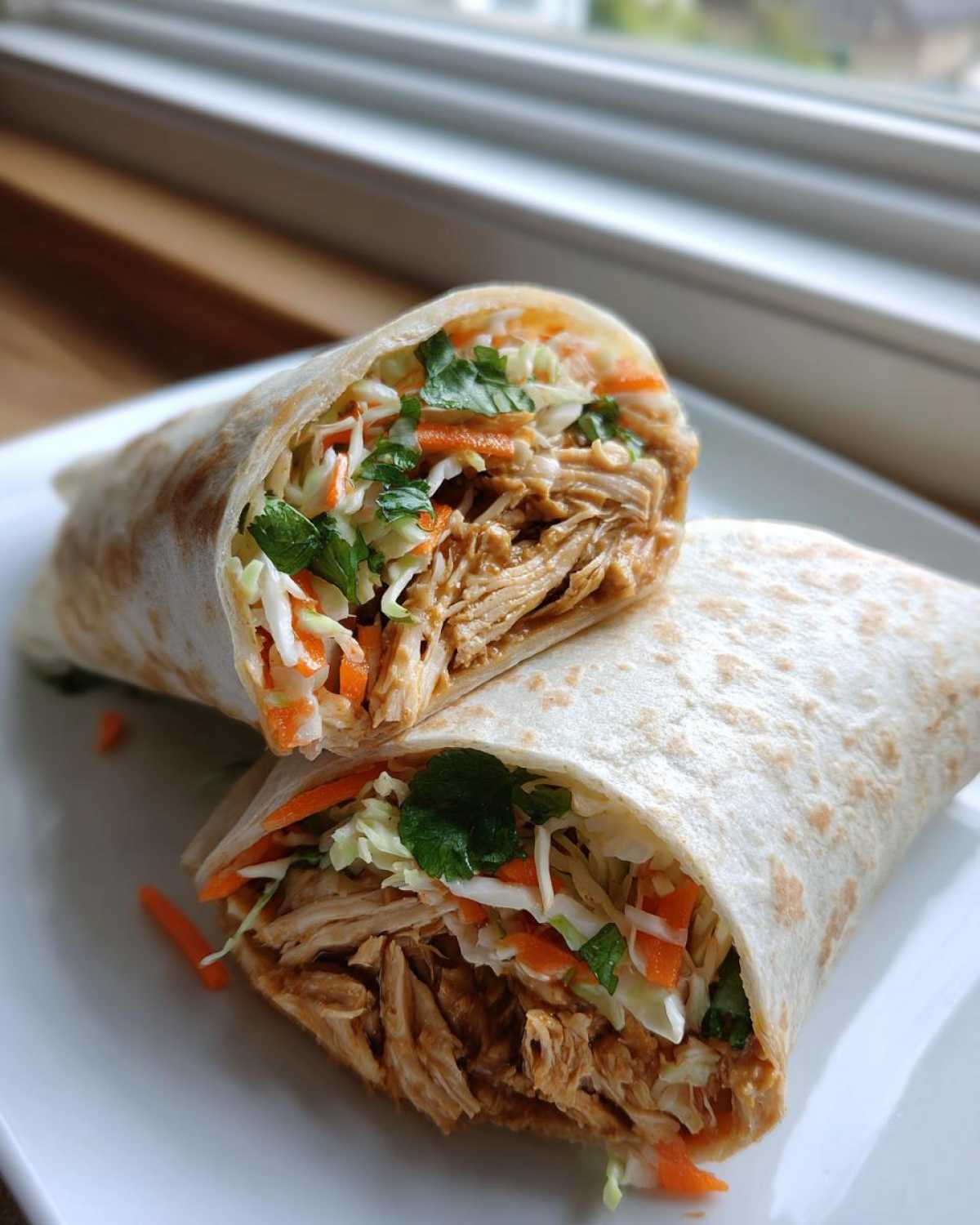 Close-up of a thai peanut chicken wrap cut in half, showing shredded chicken, slaw, and cilantro.
