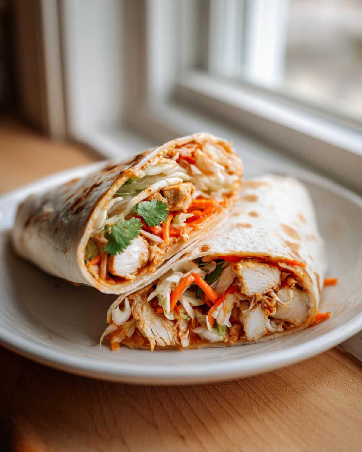 Cross-section view of a thai peanut chicken wrap filled with chicken, shredded carrots, and cabbage.