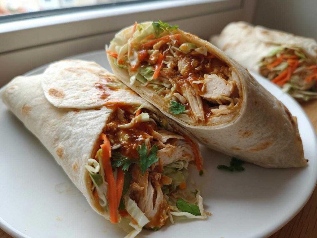 Close-up of a thai peanut chicken wrap cut in half, showing shredded chicken, slaw, and peanut sauce inside a tortilla.