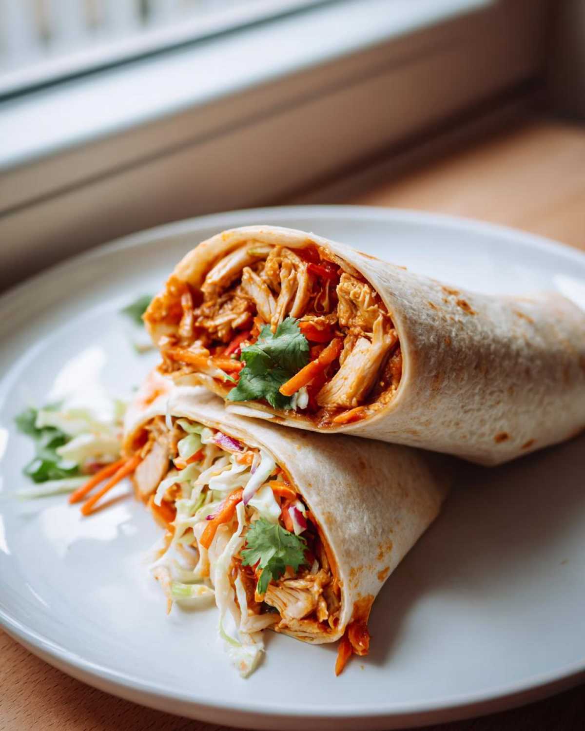Two halves of a thai peanut chicken wrap stacked on a white plate, showing shredded chicken and slaw filling.