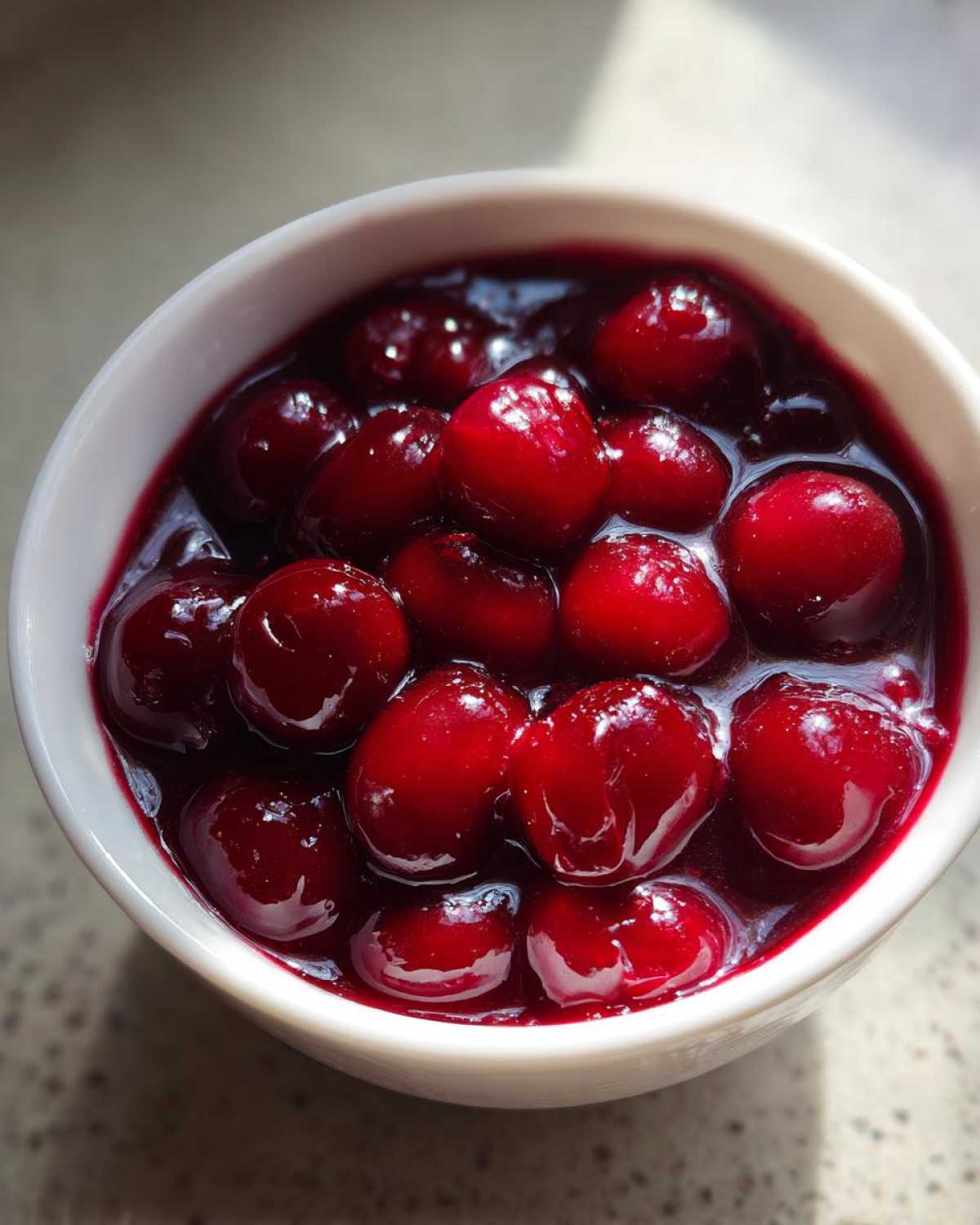 Close-up of glossy, whole cherries suspended in thick, dark red cherry pie filling inside a white bowl.