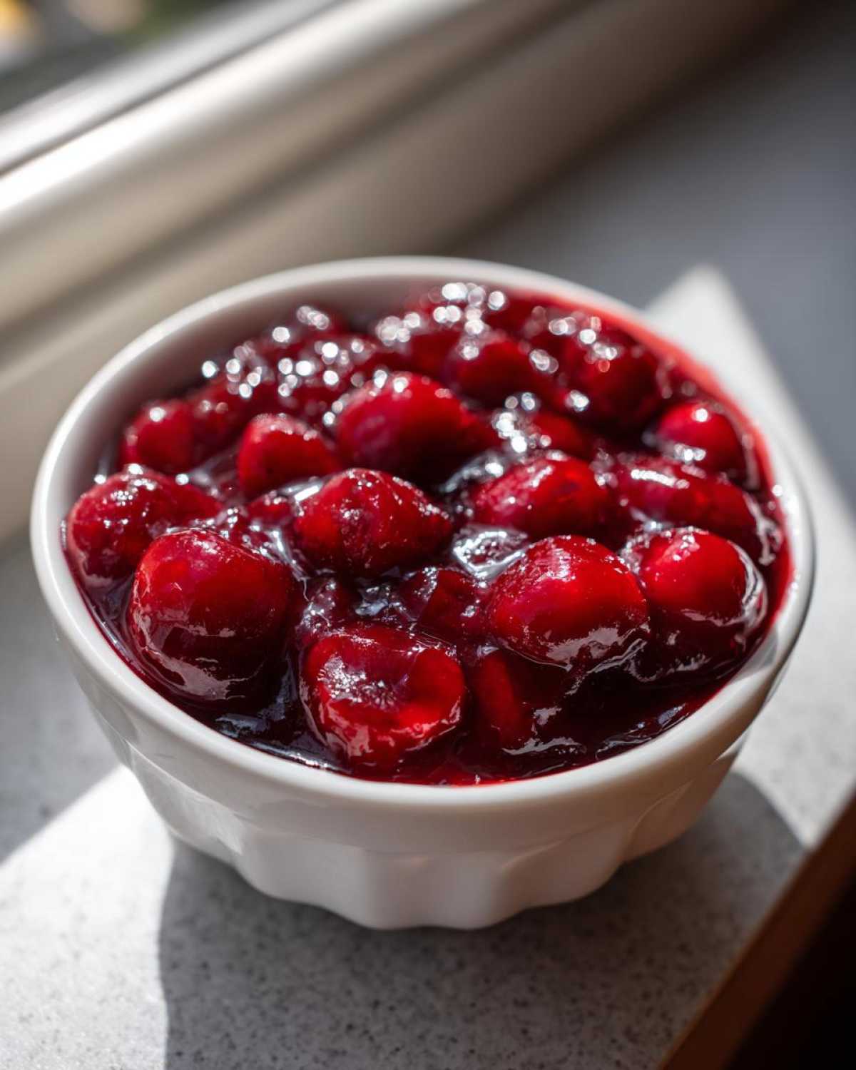 Close-up of glossy, thick cherry pie filling with whole cherries in a white bowl, showing perfect consistency.