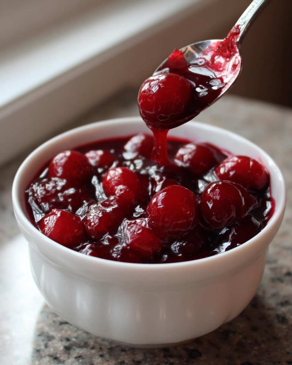 A spoonful of thick, glossy cherry pie filling being lifted from a white bowl filled with whole cherries.