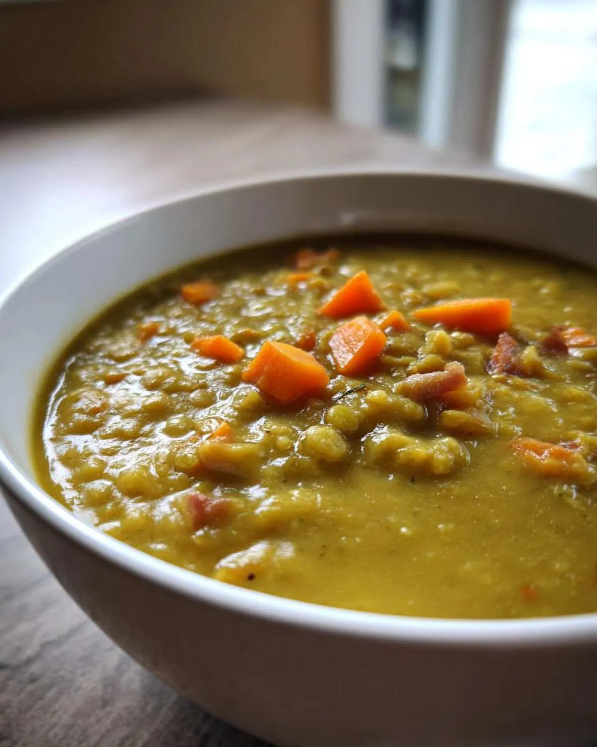 Close-up of a thick, yellow-green bowl of pea soup topped with diced carrots and ham pieces.