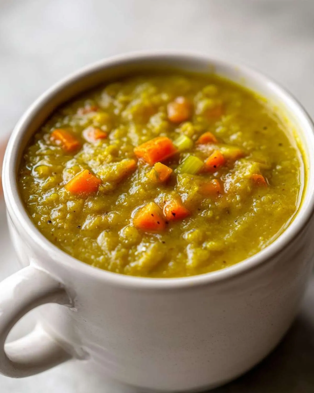 Close-up of a thick, green pea soup topped with diced carrots and celery in a white mug.