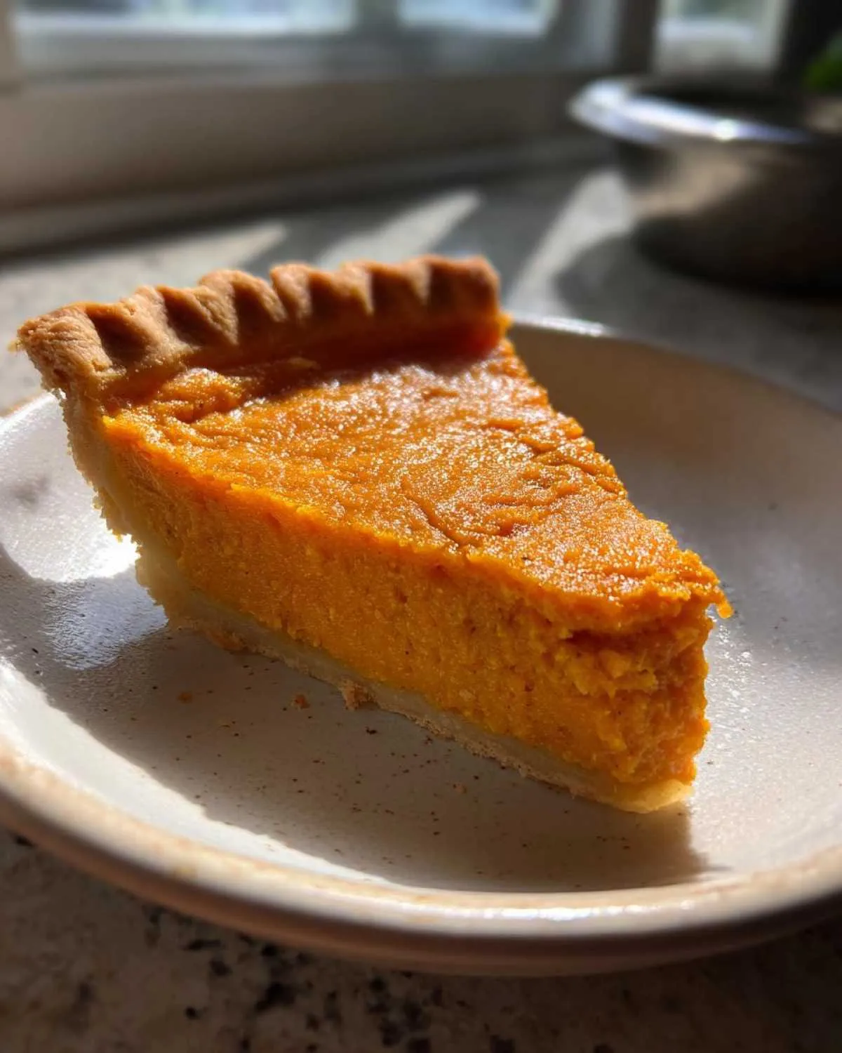 A perfect slice of rich, orange sweet potato pie with a crimped crust on a speckled plate.