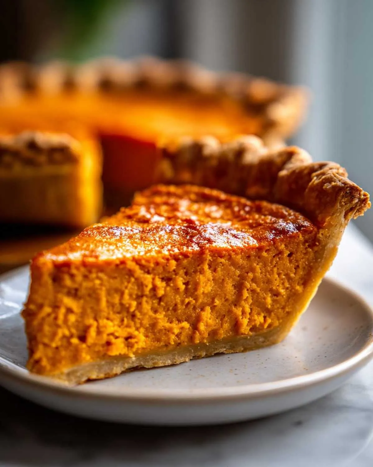 A close-up shot of a thick, velvety slice of sweet potato pie on a small speckled plate.