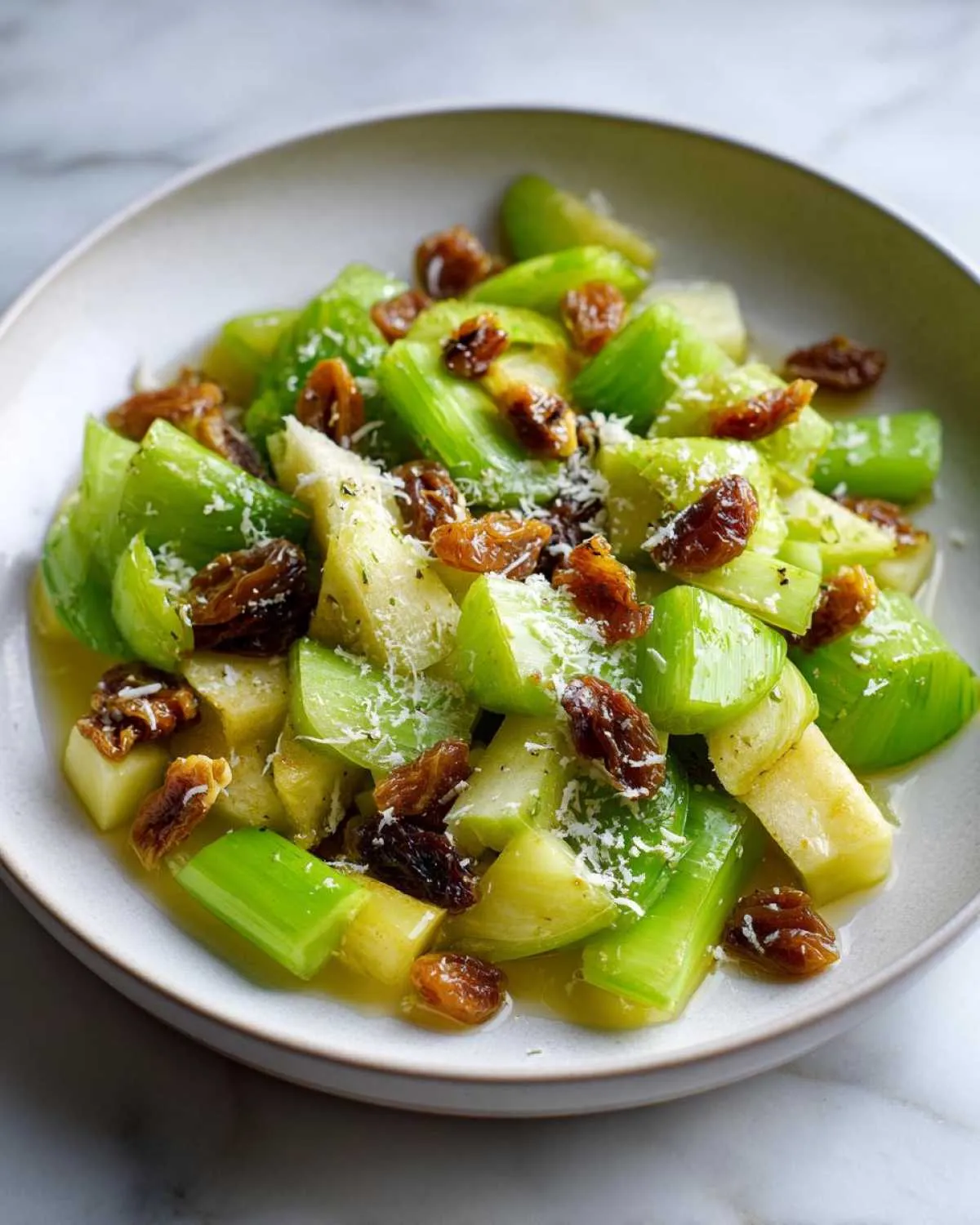 Close-up of a bright green celery salad tossed with golden raisins and grated cheese.