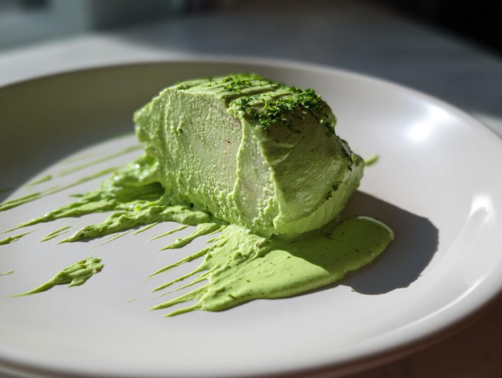 A thick serving of food covered and surrounded by bright green cilantro lime sauce, artfully plated.