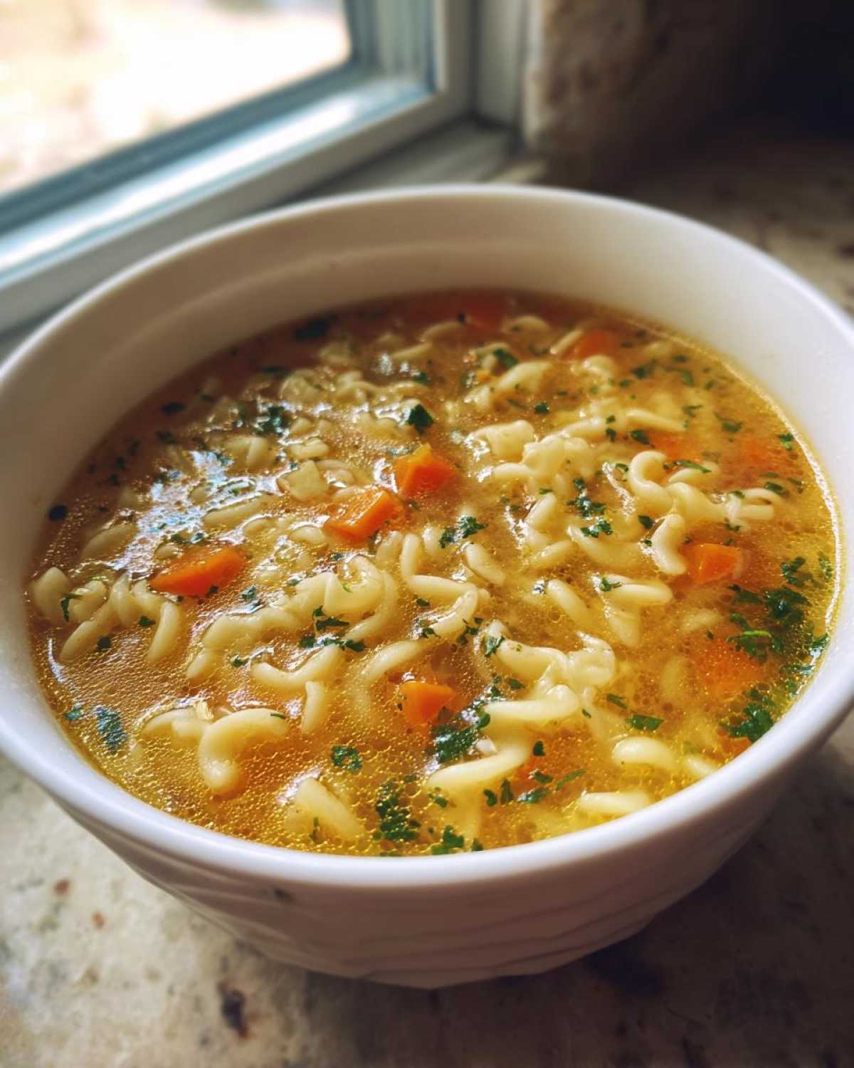 Close-up of a white bowl filled with warm pastina soup, featuring small pasta shapes, diced carrots, and parsley.