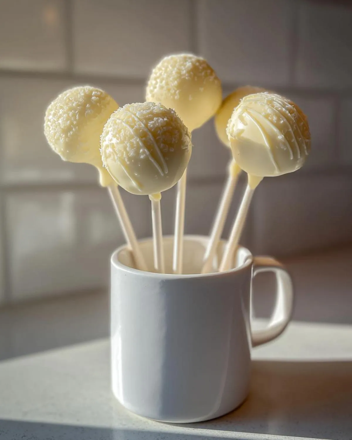 Five white chocolate cake pops decorated with coconut flakes and drizzle standing in a white mug.