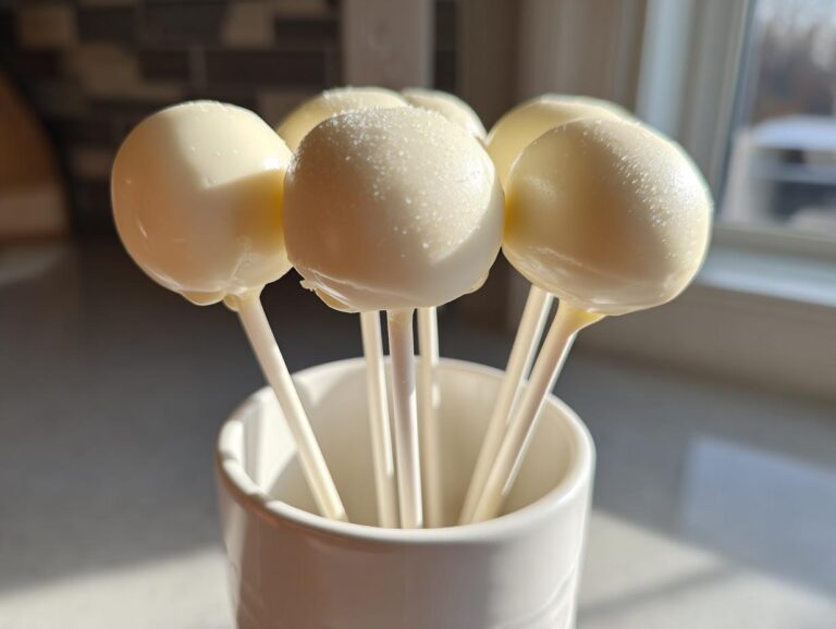 A cluster of homemade white chocolate cake pops standing upright in a white mug.