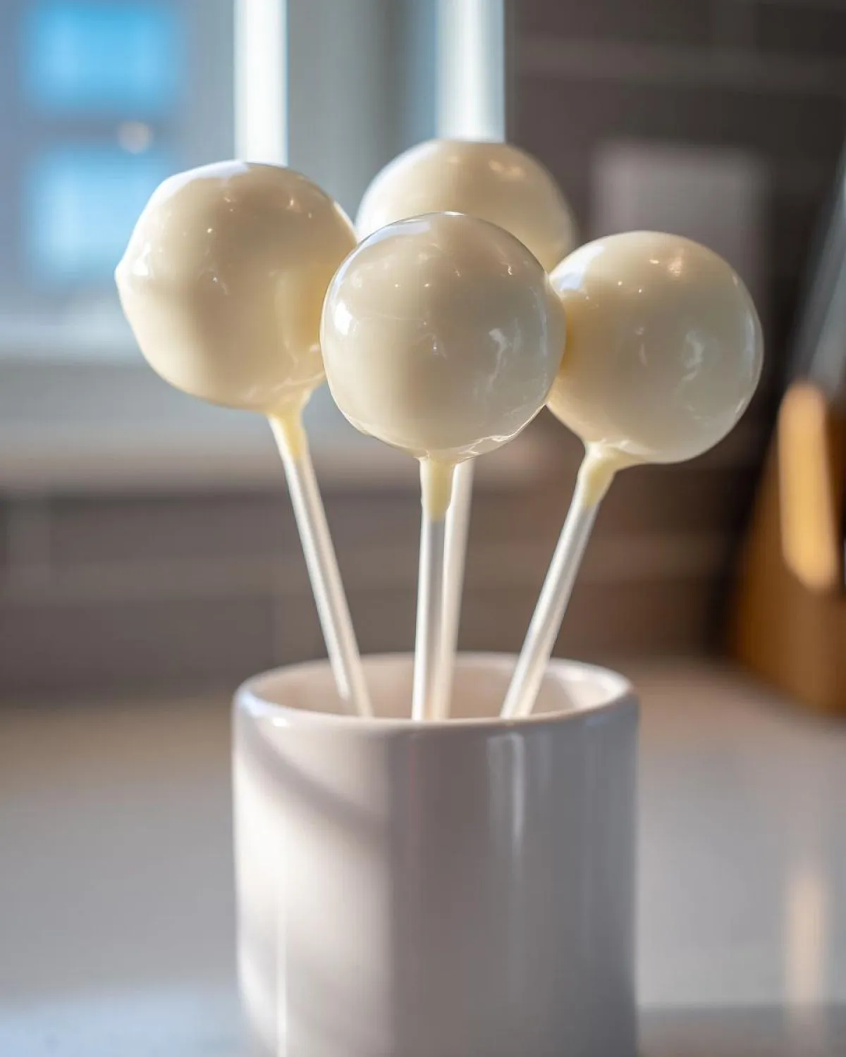 Four perfectly round, white-dipped cake pops standing upright in a small white ceramic holder.