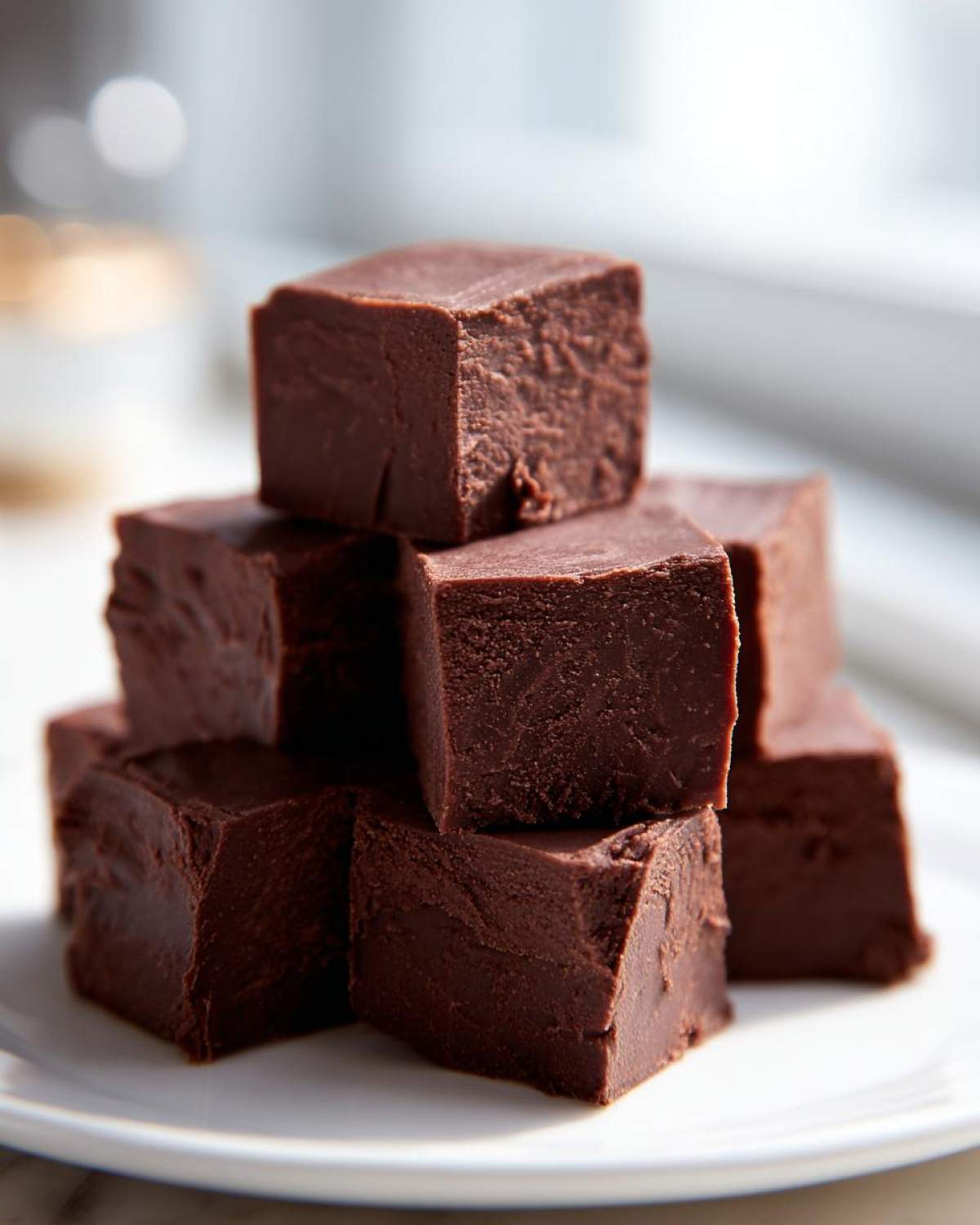 A stack of rich, dark chocolate fudge cubes resting on a white plate, showcasing the smooth texture of the fudge.