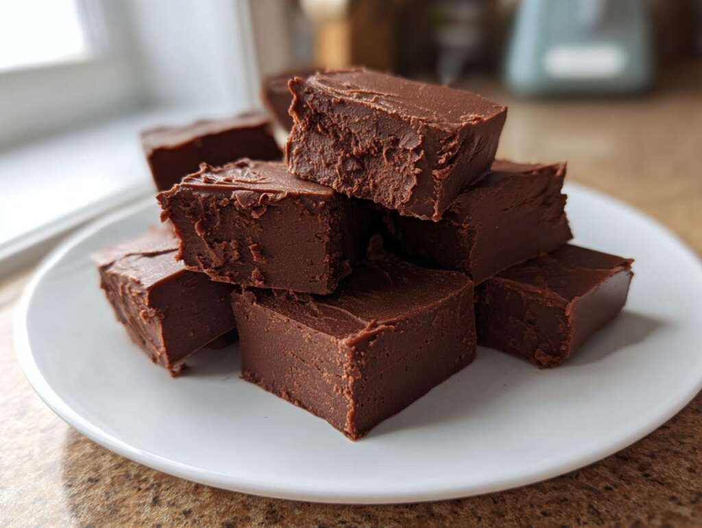 A stack of rich, dark chocolate fudge squares piled high on a white plate, showcasing their creamy texture.
