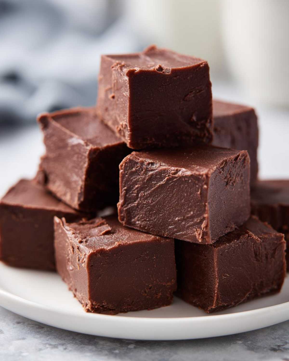 A close-up stack of rich, dark chocolate fudge cubes resting on a white plate.