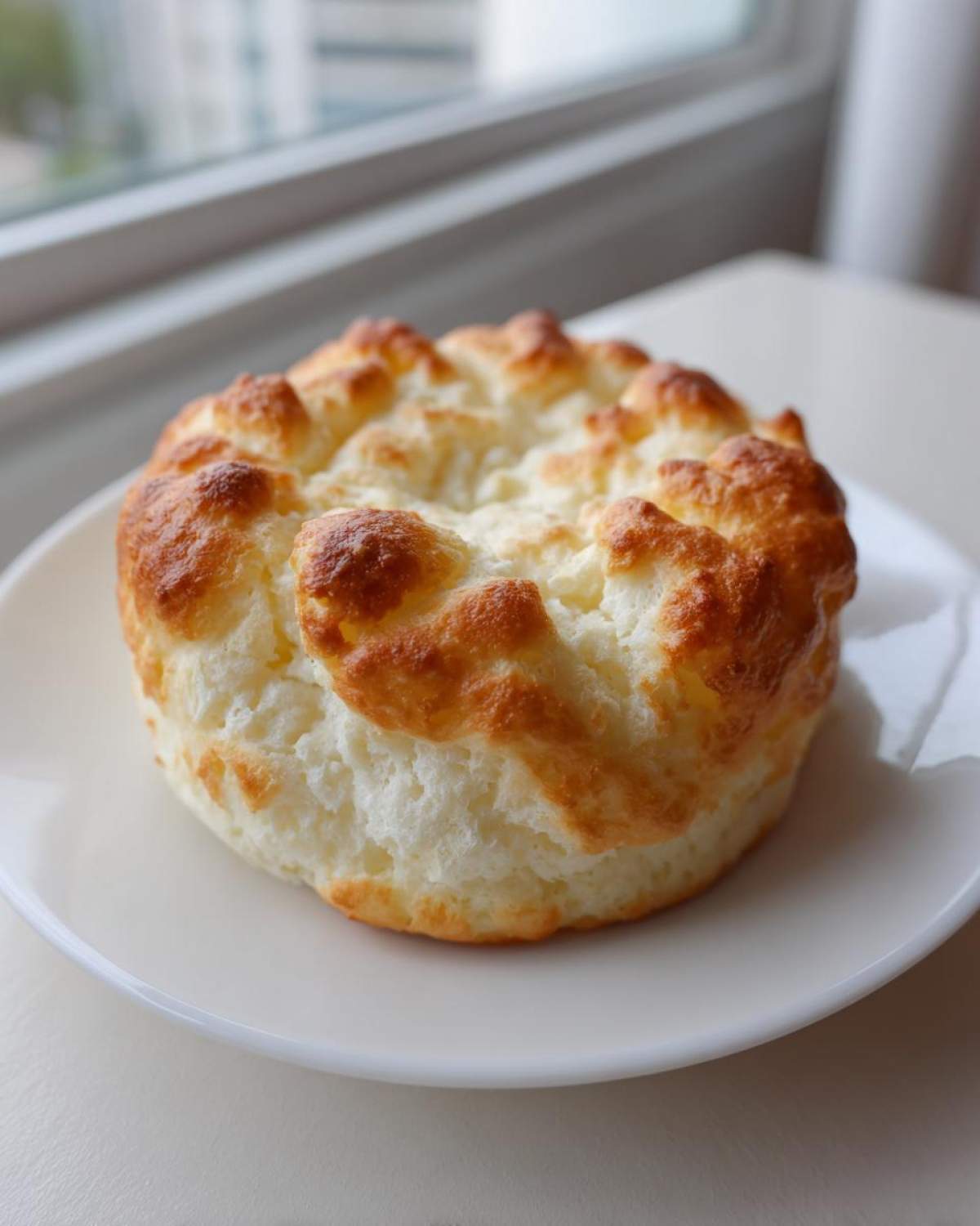 A single, fluffy, golden-brown cloud bread resting on a small white plate near a window.